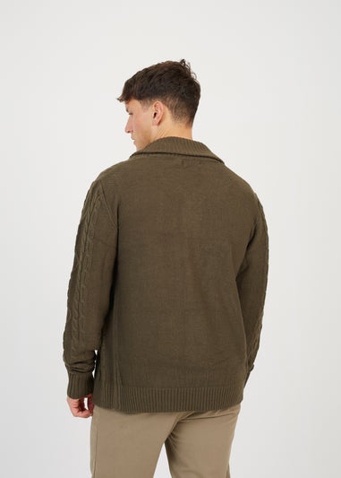 Brave Soul Khaki Shawl Neck Cable Knit Cardigan