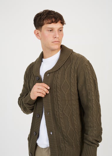 Brave Soul Khaki Shawl Neck Cable Knit Cardigan