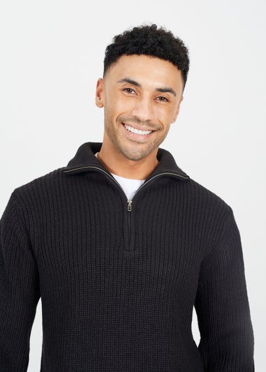 Brave Soul Black Quarter Zip Funnel Neck Knit Jumper