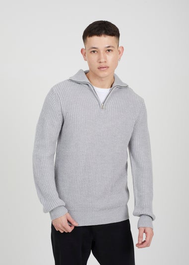 Brave Soul Light Grey Quarter Zip Funnel Neck Knit Jumper