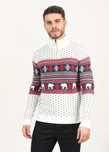 Brave Soul Ecru Quarter Zip Fairisle Christmas Jumper Matalan