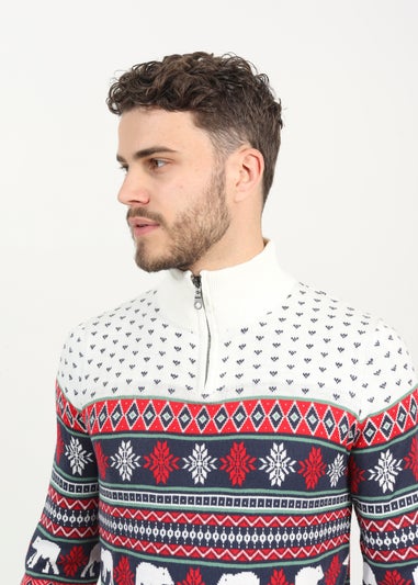 Brave Soul Ecru Quarter Zip Fairisle Christmas Jumper