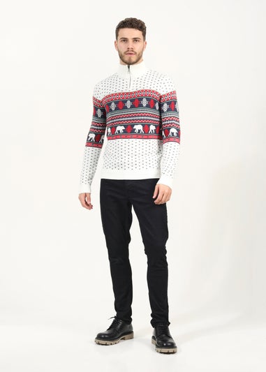 Brave Soul Ecru Quarter Zip Fairisle Christmas Jumper