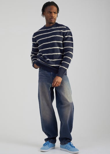 Brave Soul Navy High Crew Neck Striped Knit Jumper