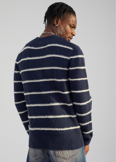 Brave Soul Navy High Crew Neck Striped Knit Jumper