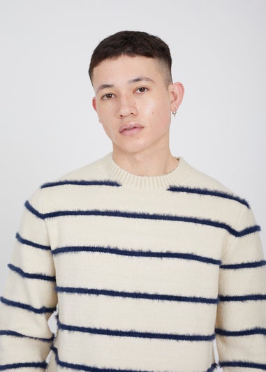 Brave Soul Ecru High Crew Neck Striped Knit Jumper