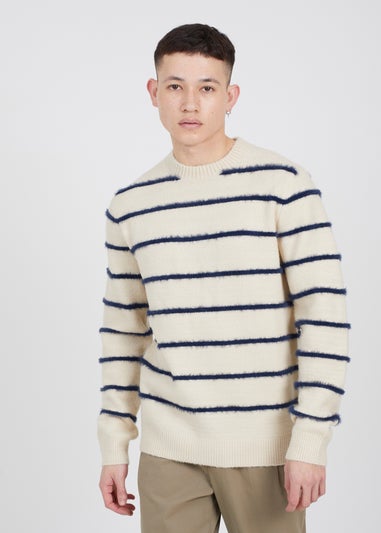 Brave Soul Ecru High Crew Neck Striped Knit Jumper