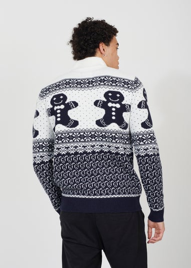 Brave Soul Navy Quarter Zip Fairisle Christmas Jumper