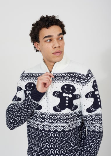 Brave Soul Navy Quarter Zip Fairisle Christmas Jumper