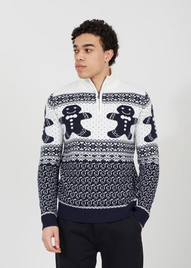 Brave Soul Navy Quarter Zip Fairisle Christmas Jumper