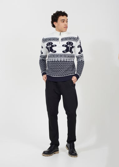 Brave Soul Navy Quarter Zip Fairisle Christmas Jumper