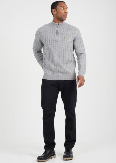 Brave Soul Grey Quarter Zip Funnel Neck Cable Knit Jumper