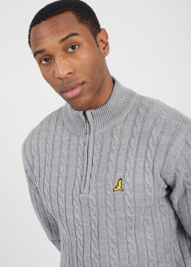 Brave Soul Grey Quarter Zip Funnel Neck Cable Knit Jumper