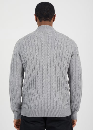 Brave Soul Grey Quarter Zip Funnel Neck Cable Knit Jumper