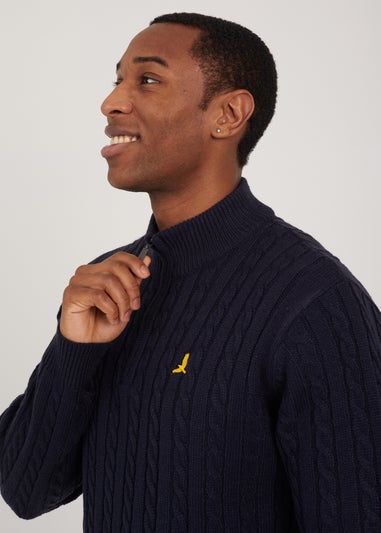 Brave Soul Navy Quarter Zip Funnel Neck Cable Knit Jumper