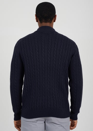 Brave Soul Navy Quarter Zip Funnel Neck Cable Knit Jumper