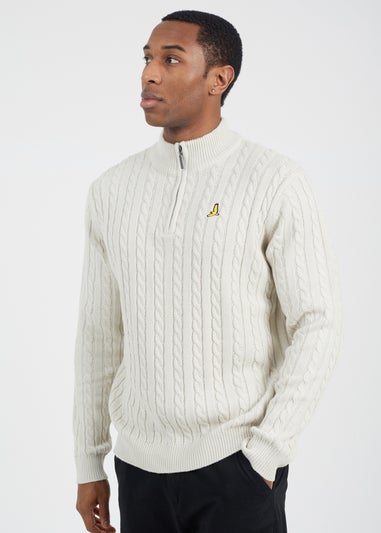 Brave Soul White Quarter Zip Funnel Neck Cable Knit Jumper