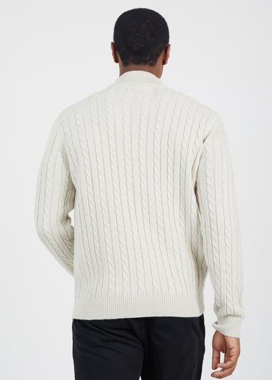 Brave Soul White Quarter Zip Funnel Neck Cable Knit Jumper