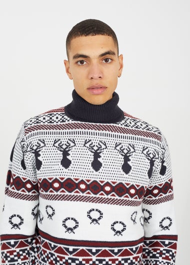 Brave Soul Navy Roll Neck Fairisle Christmas Jumper