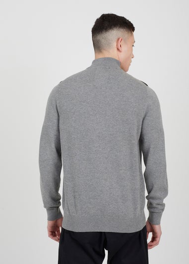 Brave Soul Grey Cotton Quarter Zip Funnel Neck Contrast Knit Jumper