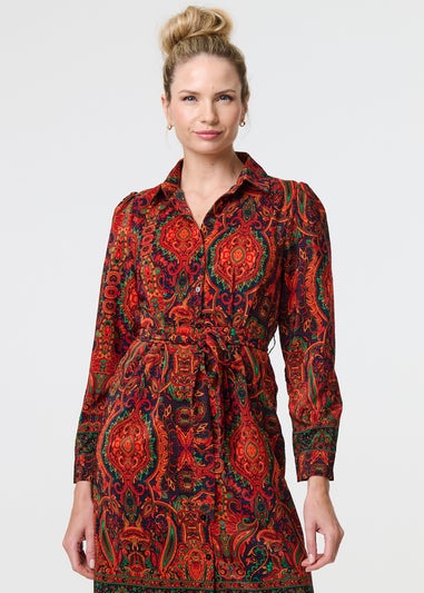 Izabel London Orange Mosaic Print Long Sleeve Short Shirt Dress