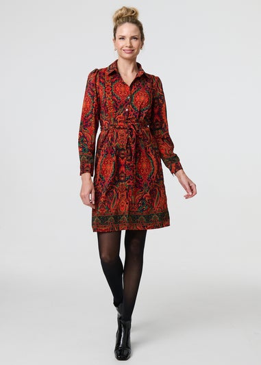 Izabel London Orange Mosaic Print Long Sleeve Short Shirt Dress