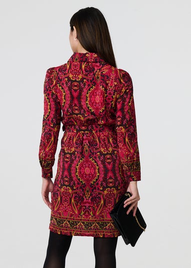 Izabel London Orange Mosaic Print Long Sleeve Short Shirt Dress