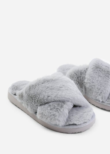 Where's That From Weekend Grey Cross Over Fluffy Slippers