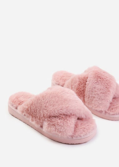 Where's That From Weekend Pink Cross Over Fluffy Slippers