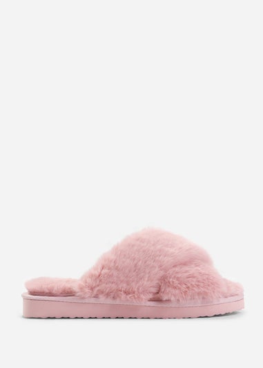 Where's That From Weekend Pink Cross Over Fluffy Slippers