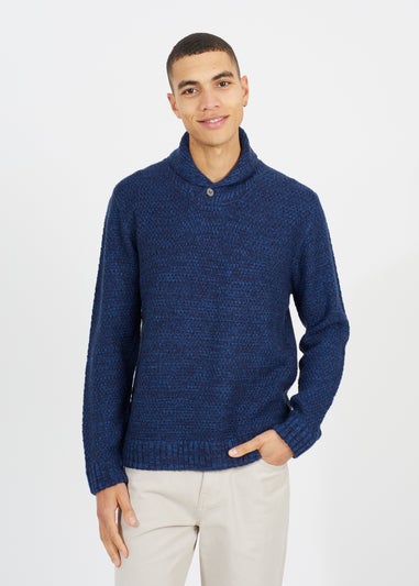 Brave Soul Navy Shawl Neck Textured Knit Jumper