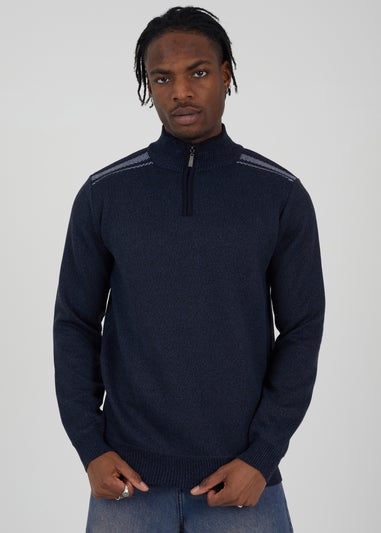 Brave Soul Navy Quarter Zip Funnel Neck Rib Knit Jumper with Stripe Detail