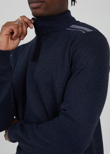 Brave Soul Navy Quarter Zip Funnel Neck Rib Knit Jumper with Stripe Detail