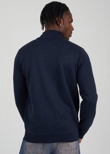 Brave Soul Navy Quarter Zip Funnel Neck Rib Knit Jumper with Stripe Detail