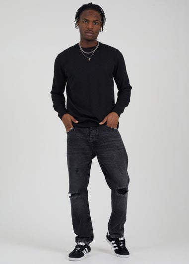 Brave Soul Black Crew Neck Jaquard Knit Jumper