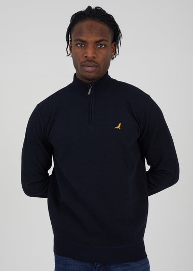 Brave Soul Navy Quarter Zip Funnel Neck Textured Knit Jumper