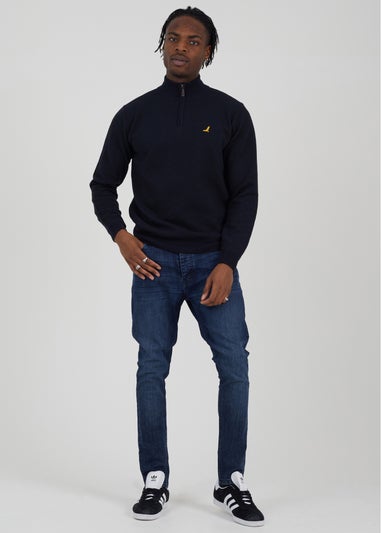 Brave Soul Navy Quarter Zip Funnel Neck Textured Knit Jumper