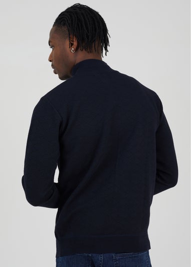 Brave Soul Navy Quarter Zip Funnel Neck Textured Knit Jumper