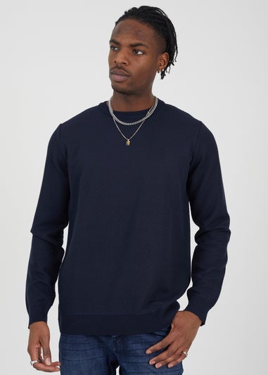 Brave Soul Navy Crew Neck Jaquard Knit Jumper