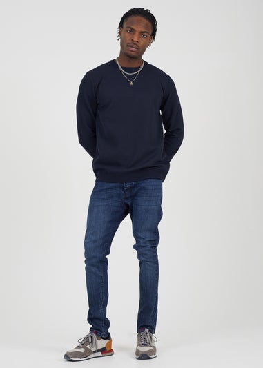 Brave Soul Navy Crew Neck Jaquard Knit Jumper