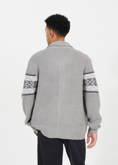 Brave Soul Grey V-Neck Shawl Collar Knit Cardigan with Jacquard Pattern
