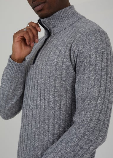 Brave Soul Grey Quarter Zip Funnel Neck Rib Knit Jumper