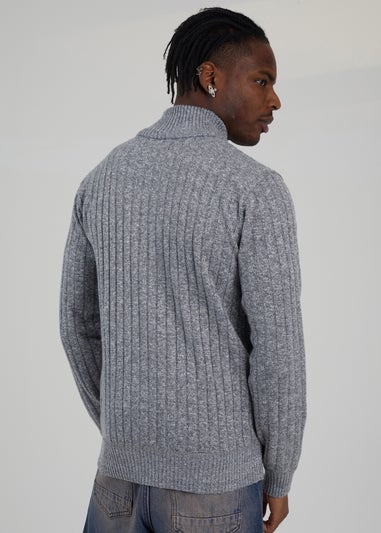 Brave Soul Grey Quarter Zip Funnel Neck Rib Knit Jumper