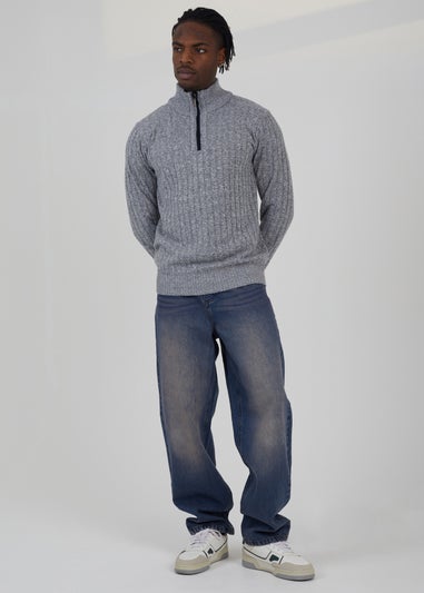 Brave Soul Grey Quarter Zip Funnel Neck Rib Knit Jumper