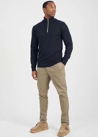 Brave Soul Navy Quarter Zip Funnel Neck Rib Knit Jumper