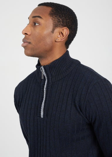 Brave Soul Navy Quarter Zip Funnel Neck Rib Knit Jumper