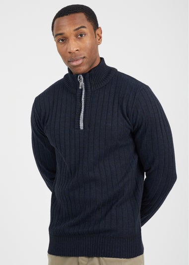 Brave Soul Navy Quarter Zip Funnel Neck Rib Knit Jumper