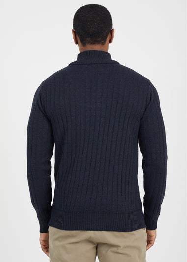 Brave Soul Navy Quarter Zip Funnel Neck Rib Knit Jumper