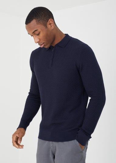 Brave Soul Navy Cotton Zip Neck Long Sleeve Polo Shirt