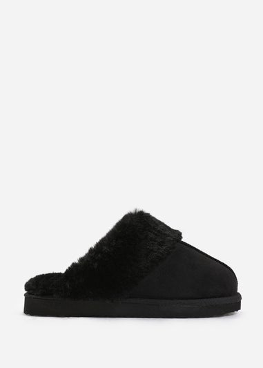 Where's That From Lounge Black Suede Slippers With Fur Trim